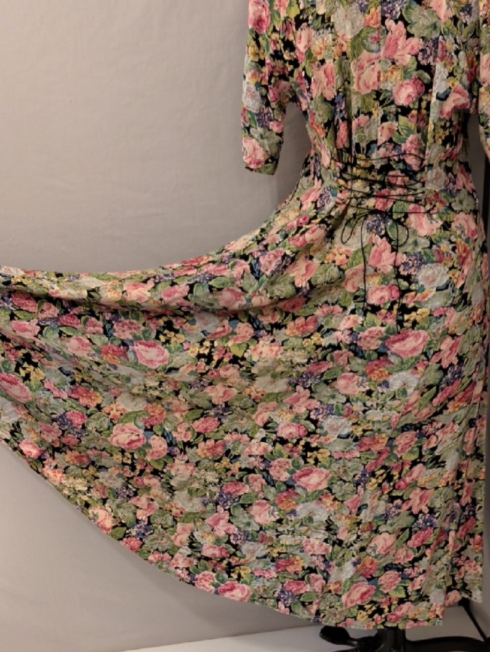 Floral Scoop Neck Midi Dress Pink Floral Vintage Starina Lace Up Back Button Frt - Picture 6 of 11